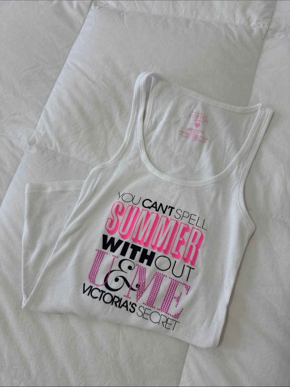 Victoria's Secret White Ribbed Tank with Pink & Black Graphic
